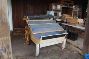 lot 1103 image: Vintage Wagon Wheel Produce Table Cart