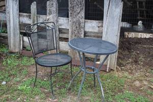 lot 999 image: Wrought Iron Patio Table Set - Table and One Chair