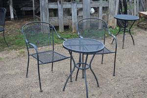 lot 1003 image: Wrought Iron Patio Table Set - Table and Two Chairs