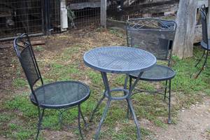 lot 1001 image: Wrought Iron Patio Table Set - Table and Two Chairs