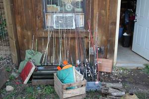 lot 1929 image: Life Jackets, Fishing Poles, Boat Seat, Floaters, Misc. Accessories