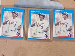 Lot of (3) 1987 Ruben Sierra #3 Rangers Outfield Fleer Baseball Collectors Card (each in a sleeve)