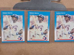 Lot of (3) 1987 Ruben Sierra #3 Rangers Outfield Fleer Baseball Collectors Card (each in a sleeve)
