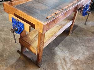 lot 93 image: Awesome Vintage Woodworking BenchWorkstation with (2) Under Mounted Vise and (1) Inner Vice