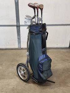 lot 128 image: Assorted Vintage Golf Clubs with Rolling Caddy