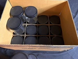 lot 93 image: 18 - 16OZ Glass Jars with Black Lids New in Box