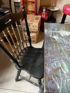 lot 231 image: One-of-a-Kind Hand Painted Black Table and Two Black and Gold Painted Chairs