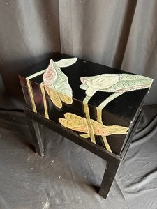 lot 157 image: Vintage Black Lacquered ChestEnd Table with Calla Lily Flowers