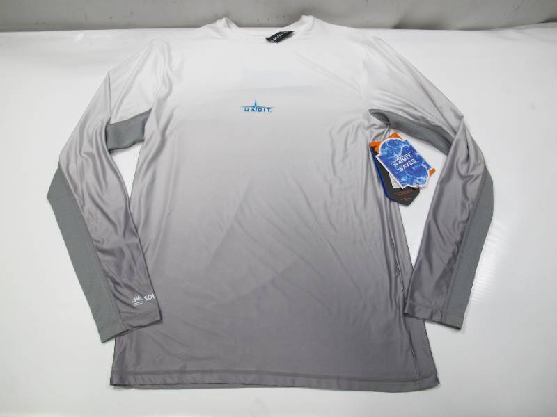 lot 390 image: NEW Habit Mens Mathew Falls Long Sleeve Quick Dry Performance Tee - Fading White to Gray Fish - Medium