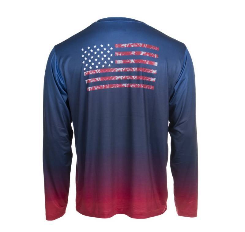lot 386 image: NEW Habit Mens Mathew Falls Long Sleeve Quick Dry Performance Tee - Blue Red Americana - Small