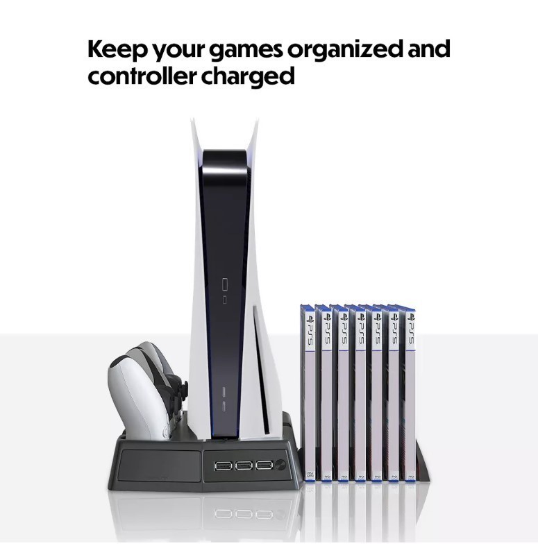 lot 938 image: Wasserstein 3-in-1 Playstation 5 Vertical Cooling Stand with DualSense Controller Charging Station, Cooling Fan, and Video Games Storage