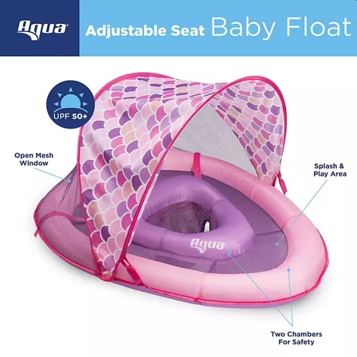 lot 350 image: Aqua Leisure Adjustable Seat Baby Pool Float w Retractable Canopy, Mermaid