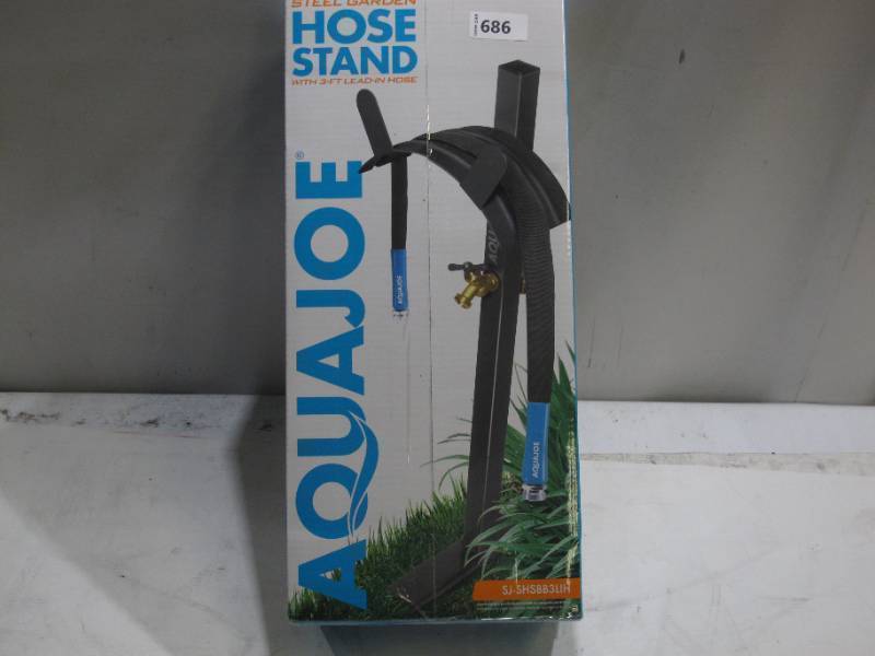 lot 493 image: Aqua Joe SJ-SHSBB3LIH Garden Hose Stand with Brass Faucet w 3ft Lead in Hose