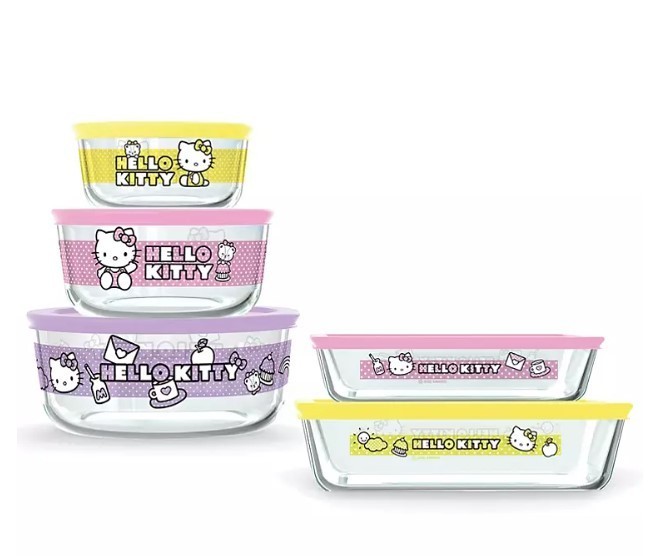 lot 485 image: NEW Pyrex 10 Piece Glass Food Storage Set - Hello Kitty