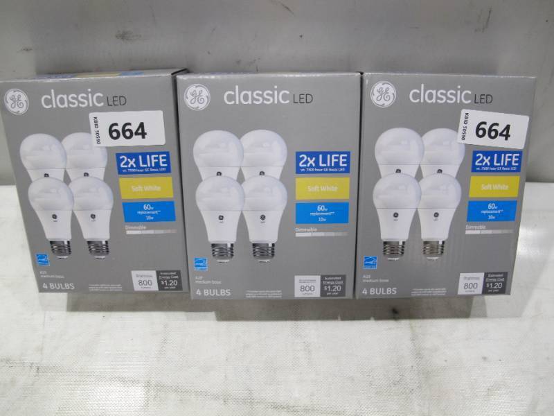 lot 486 image: NEW GE Classic 60-Watt EQ A19 Dimmable LED Light Bulb (4-Pack, Soft White) x 3 - 12 Bulbs Total
