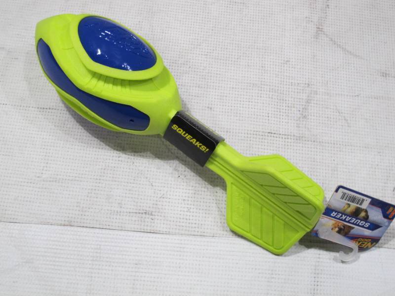 lot 315 image: NEW NERF Dog 12 in. TPR Foam Megatron Vortex Squeaker Blue Green