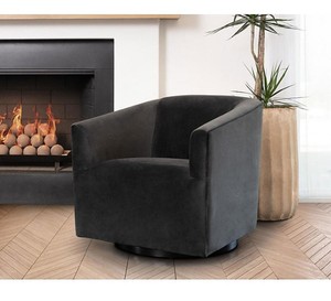 lot 123 image: NEW Abbyson Claire Gray Velvet Fabric Swivel Chair with Wood Base
