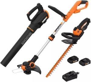 lot 158 image: NEW Worx 20V Power Share - 3PC Cordless Combo Kit (Blower, Trimmer, & Hedge Trimmer)