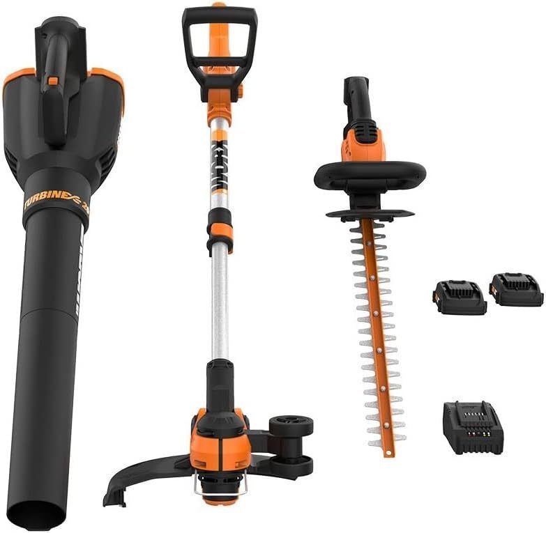 lot 455 image: NEW Worx 20V Power Share - 3PC Cordless Combo Kit (Blower, Trimmer, & Hedge Trimmer)