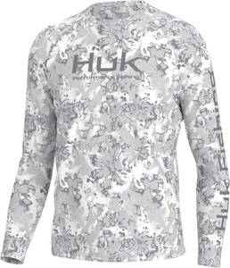 lot 613 image: NEW HUK Mens Pursuit Crew Long Sleeve, Sun Protecting Fishing Shirt - Fin Flats - Harbor Mist - XXL