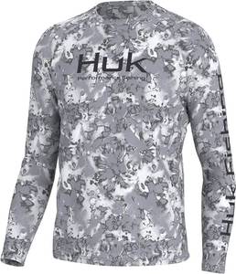 lot 620 image: NEW HUK Mens Pursuit Crew Long Sleeve, Sun Protecting Fishing Shirt - Fin Flats - Volcanic Ash - XL