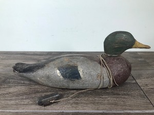 lot 177 image: Vintage hand made wood mallard duck decoy with string and lead weight
