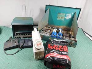 lot 35 image: Vintage metal bird feeder, BernzOmatic cook stove. lava rocks. Coleman freezable ice container and more