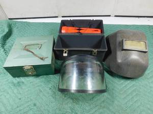 lot 43 image: Lunch box with thermos, lock box w key, welding helmet and shield