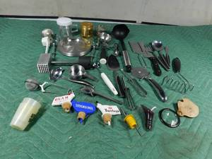 lot 304 image: Advertised liquor bottle pour spouts & shot glasses, utensils and more