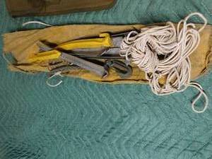 lot 276 image: Military belt. pouches, knife and tent stakes in pouch