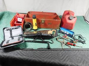 lot 279 image: Metal tool box of tools, gas can, and parts bins