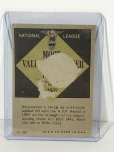 lot 446 image: 1961 Topps Hank Aaron MVP Baseball Card #484