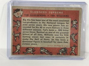 lot 448 image: 1958 TOPPS #321 SLUGGERS SUPREME KLUSZEWSKI TED WILLIAMS