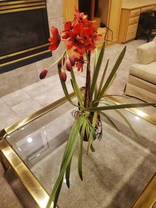 lot 25 image: Faux Red Orchid Floral Arrangement in Pot