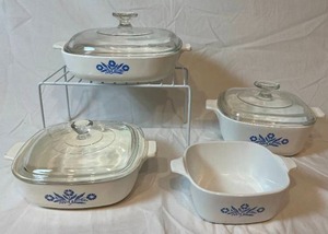 lot 59 image: Set of 4 Vintage CORNING WARE Blue CORNFLOWER Casseroles
