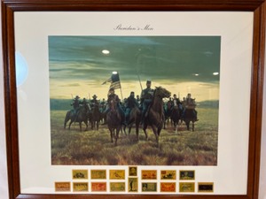 lot 102 image: Vintage 1982 Framed Print Sheridans Men by Mort Kunstler  w Civil War era US Postage Stamps