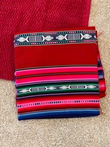 lot 109 image: Lot of Linens & Red Chenille Rug Mexican Weaving Tablecloths Various Sizes