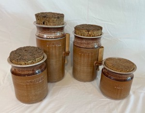 lot 10 image: Mid Century DENEEN Pottery CANISTERS W Natural Cork Tops Made in Sweden MCM