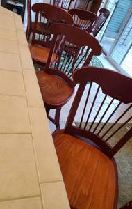 lot 133 image: Set of 3 DINEC CANADA Distressed Mahogany Stained Wood Counter Height Bar Stools