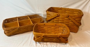 lot 186 image: Lot of 3 LONGABERGER Gathering Market Baskets w Handles, Divider, Liners