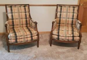 lot 132 image: Pair of Wood Framed Plaid Accent Chairs by HICKORY & Matching Ottoman