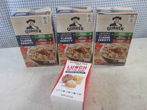 (B-1) 3 Boxes Quaker Flavor Variety Instant Oatmeal and Box Bumble Bee Lunch On The Run Chicken Salad Kit Past Date