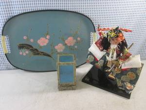 (F-0) Vintage Tilso Japanese Serving Tray with Handles 12 x 18 and Japanese Figure Decor 10 Tall and Small Display Box
