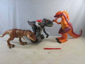 (EW6) 3 Dinosaur Toys - 2 Take Batteries - Red Ink Pen For Size Reference