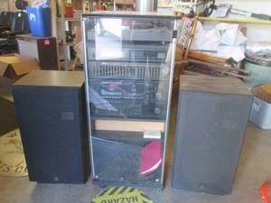 (FRNT) Complete Sherwood Stereo System in Cabinet with Speakers - Tuner, Equalizer, Dual Cassette Deck, Amplifier and Turntable - Includes Operating Instructions For All Components