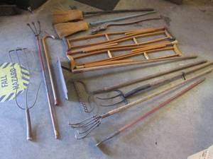 (EW2) Yard Hand Tools, Straw Brooms, Crutches, Wood Cane Etc