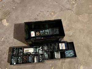 lot 155 image: Ammo Box with Organizers & Hardware Items