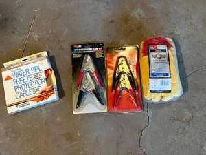 lot 253 image: Booster Cable Clamp Sets, Water Pipe Heat Cable & Gloves