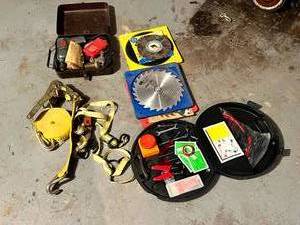 lot 277 image: Mixed Lot Tools, Saw Blades, Ratchet Straps, Auto Safety Kit