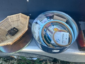 box of old glass bowls   picture frames  knitting items